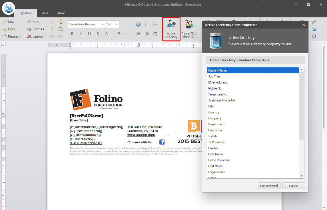 Microsoft Outlook Signature - Active Directory User Properties